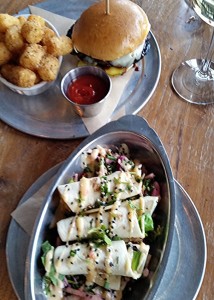 Salmon roll-ups and a burger with tots!