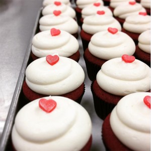 Georgetown Cupcake’s signature cupcake – classic red velvet cupcake with a vanilla cream cheese frosting topped with a red fondant heart